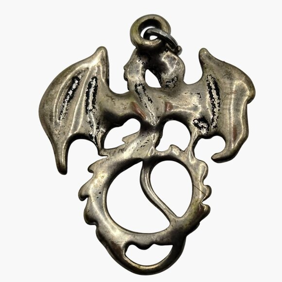Dragon Pendant Flying Winged Goth Silver Tone 1.25" X 1" - Picture 6 of 6